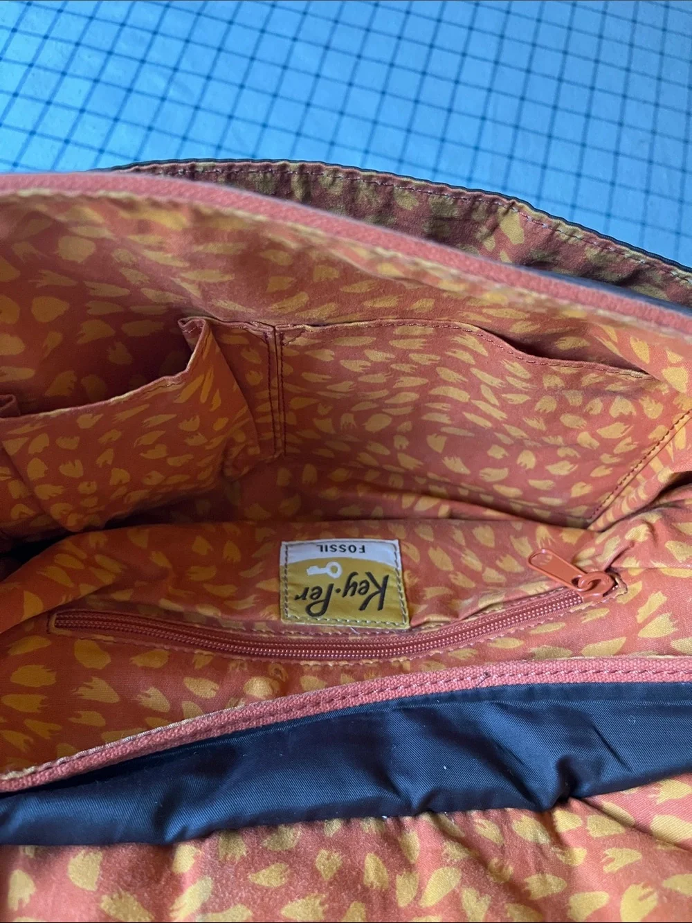 Fantastic College Fossil Quilted Brown Laptop Messenger Bag with Orange Trim